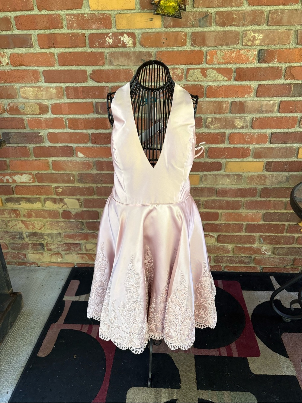 Girls' Pink Satin Fit-and-Flare Homecoming Dress with Lace Hem